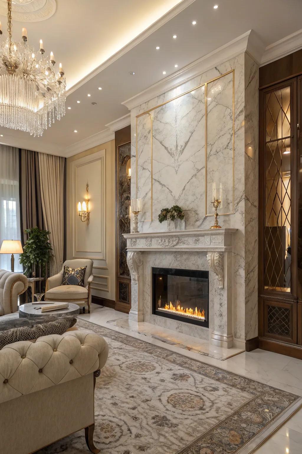 A glamorous marble fireplace that adds luxury to any room.