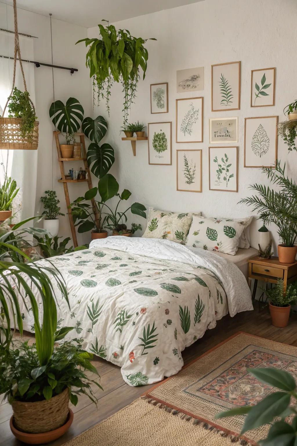 Nature-inspired decor brings calm and freshness to the space.