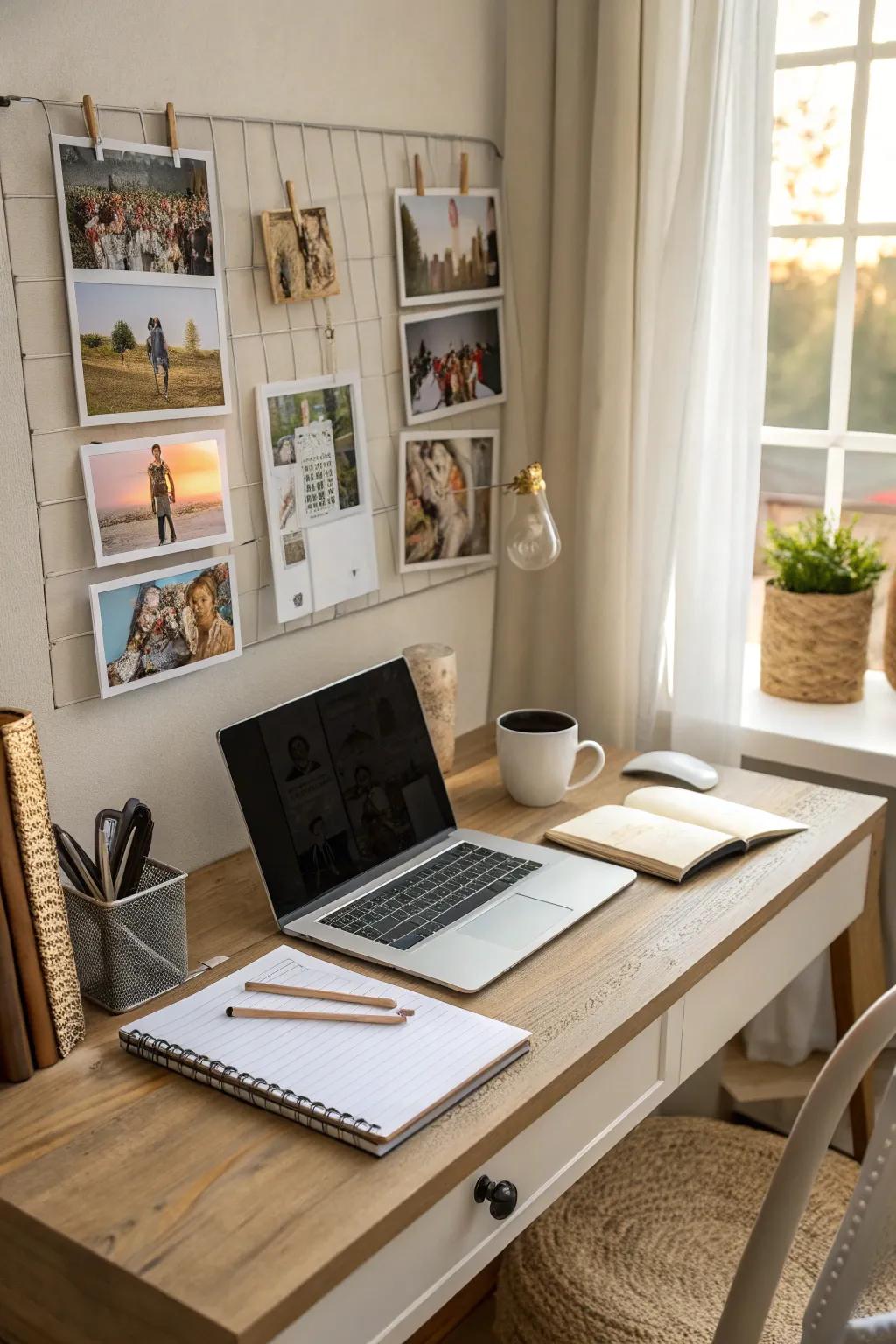 A personal photo collage adds warmth to a home office.