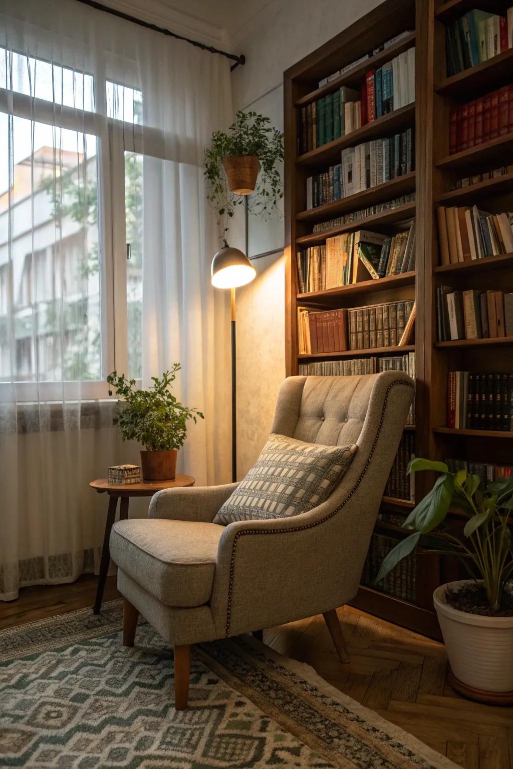 A reading nook provides a personal retreat for relaxation.