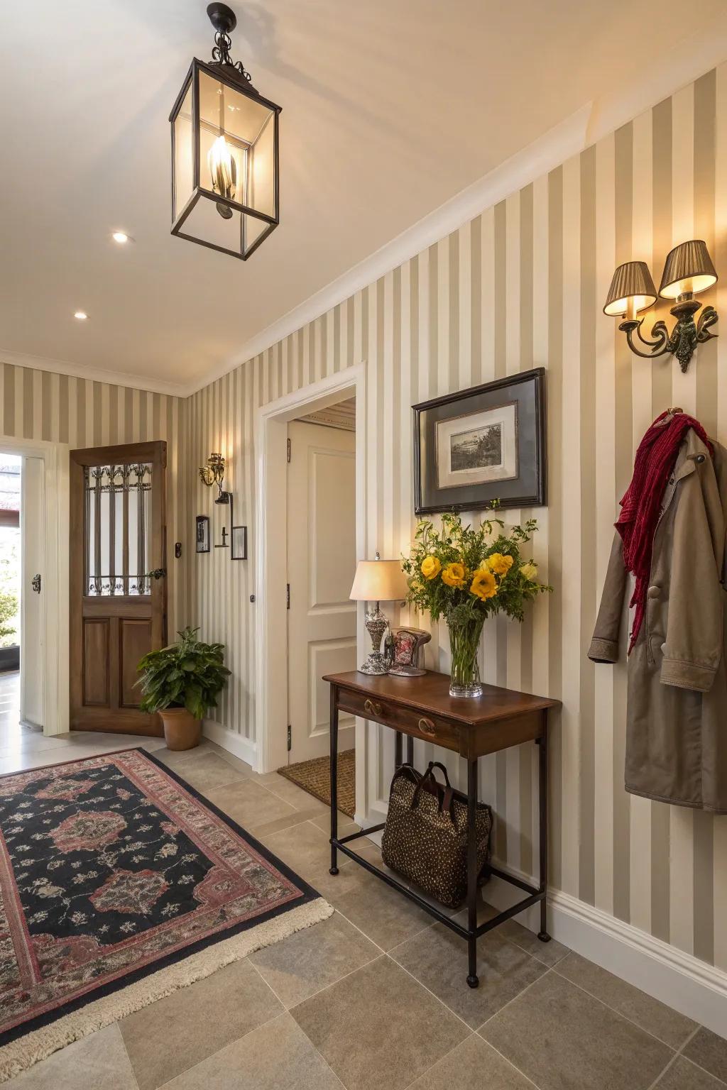 An entryway with vertical stripe wallpaper, creating an illusion of space.