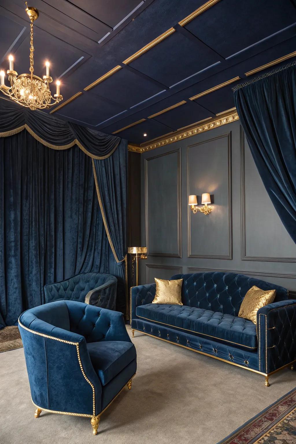 Opulence with a dark blue ceiling and luxurious textures.