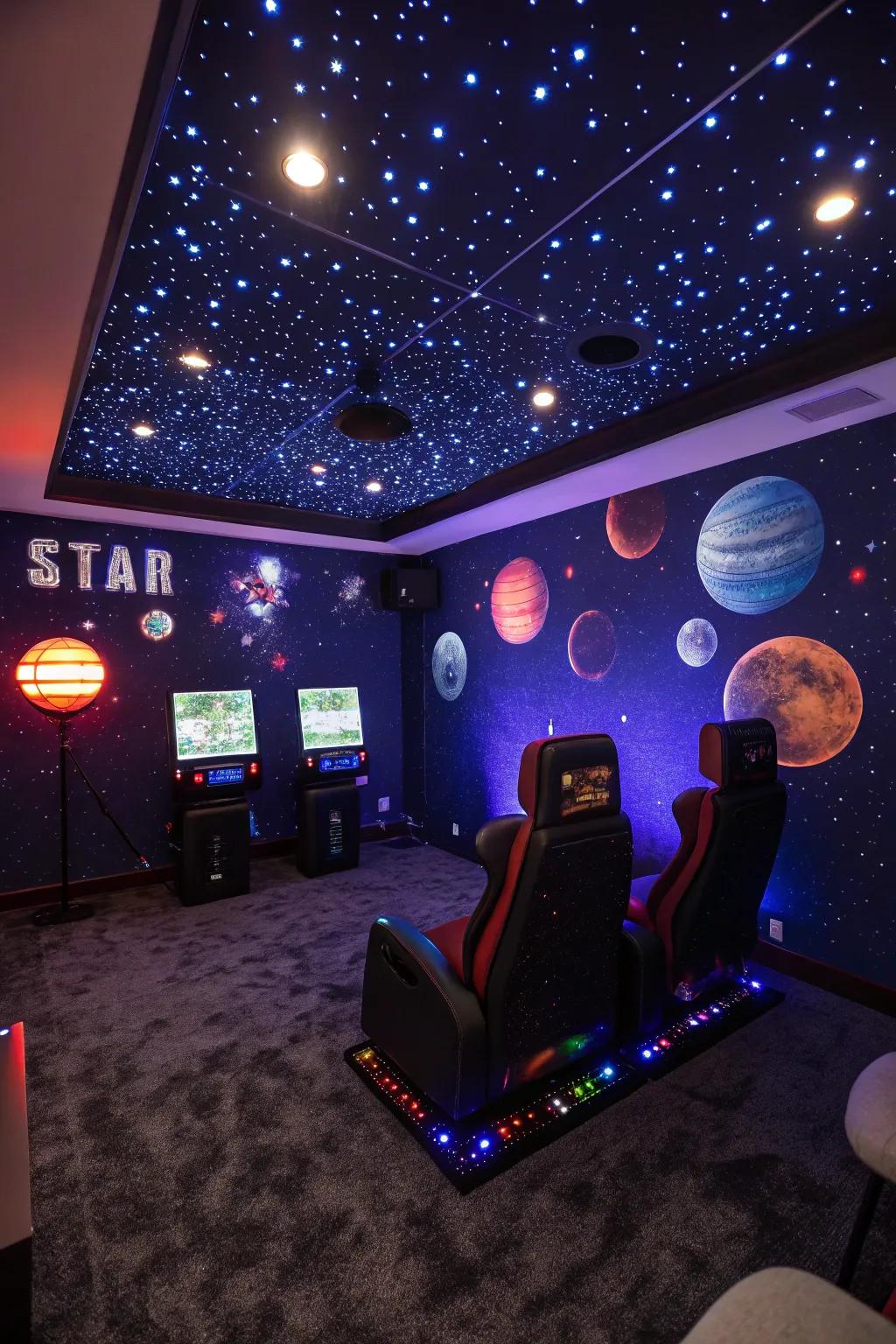 A space-themed design transports your gaming room to a cosmic realm.