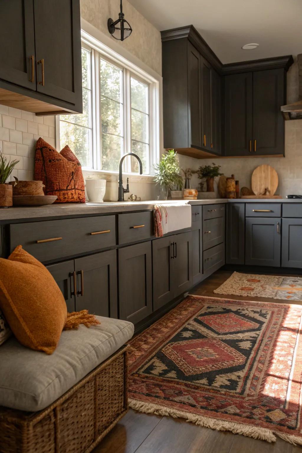 Warm accents harmonizing with the cool tones of dark gray cabinets.