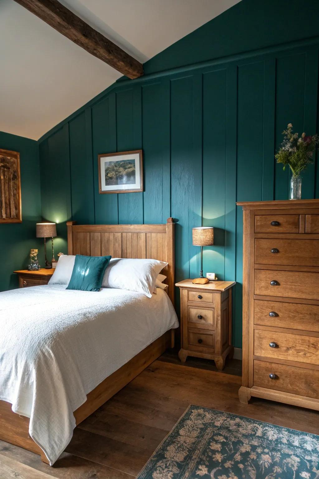 Wooden elements bring warmth to a teal bedroom.