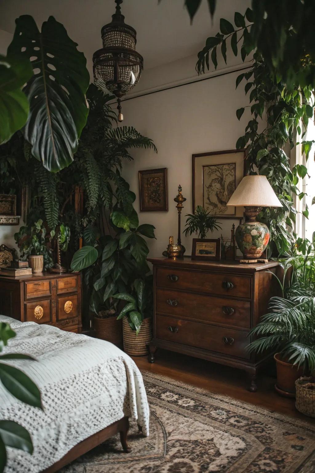 Dark green foliage provides a refreshing contrast in a dark vintage bedroom.