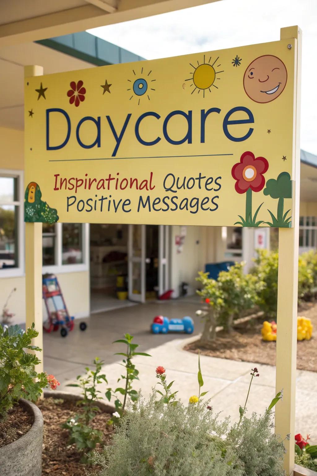 Inspirational quotes on the daycare sign uplift and motivate visitors.