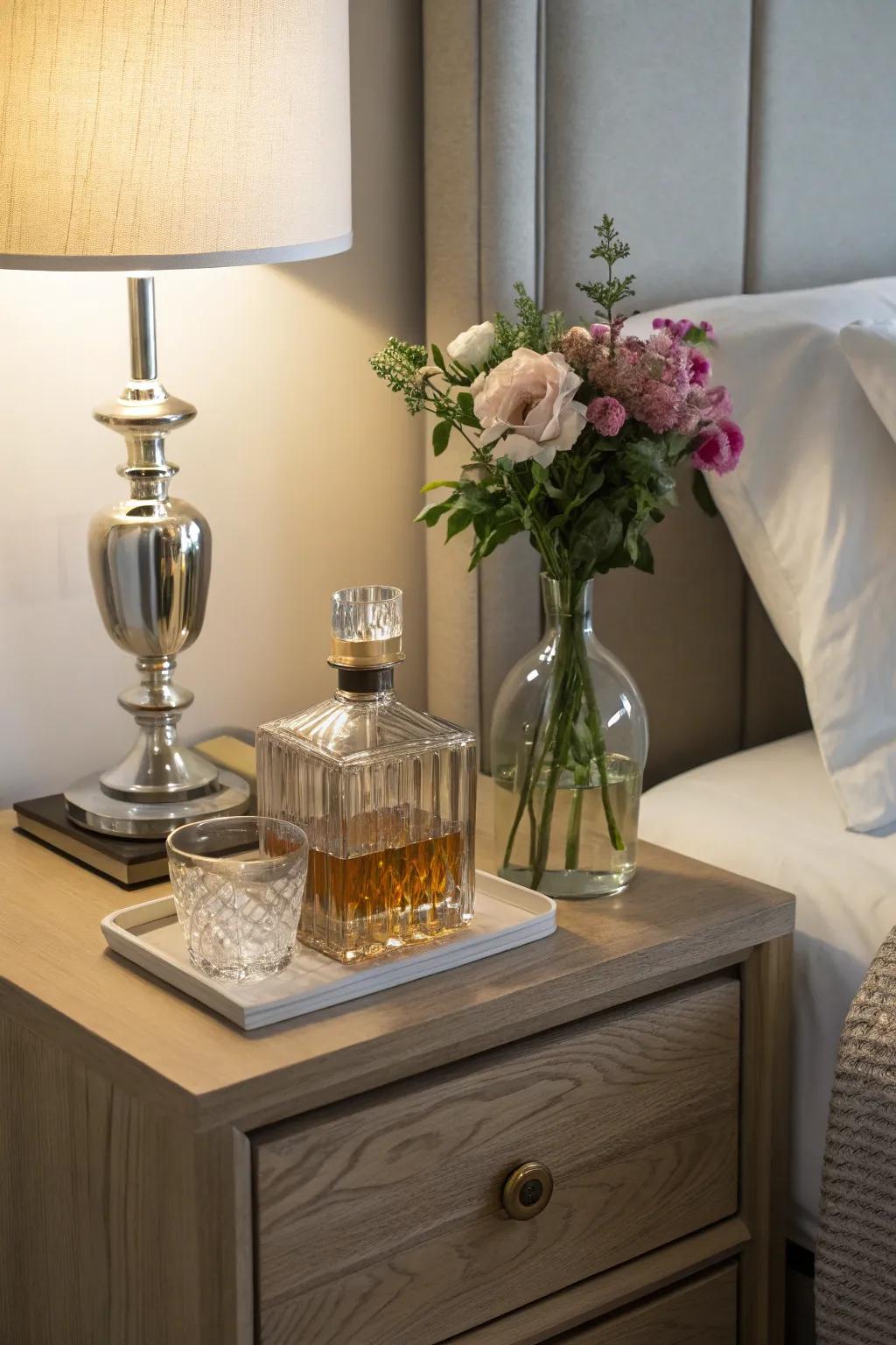 A nightstand featuring a decanter as a decorative water or flower holder.