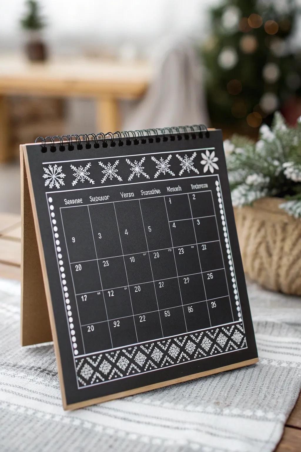 An elegant chalkboard calendar featuring Nordic patterns.