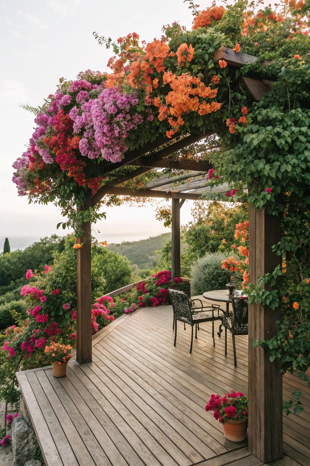 A pergola with vibrant vines, adding color and life to a deck.