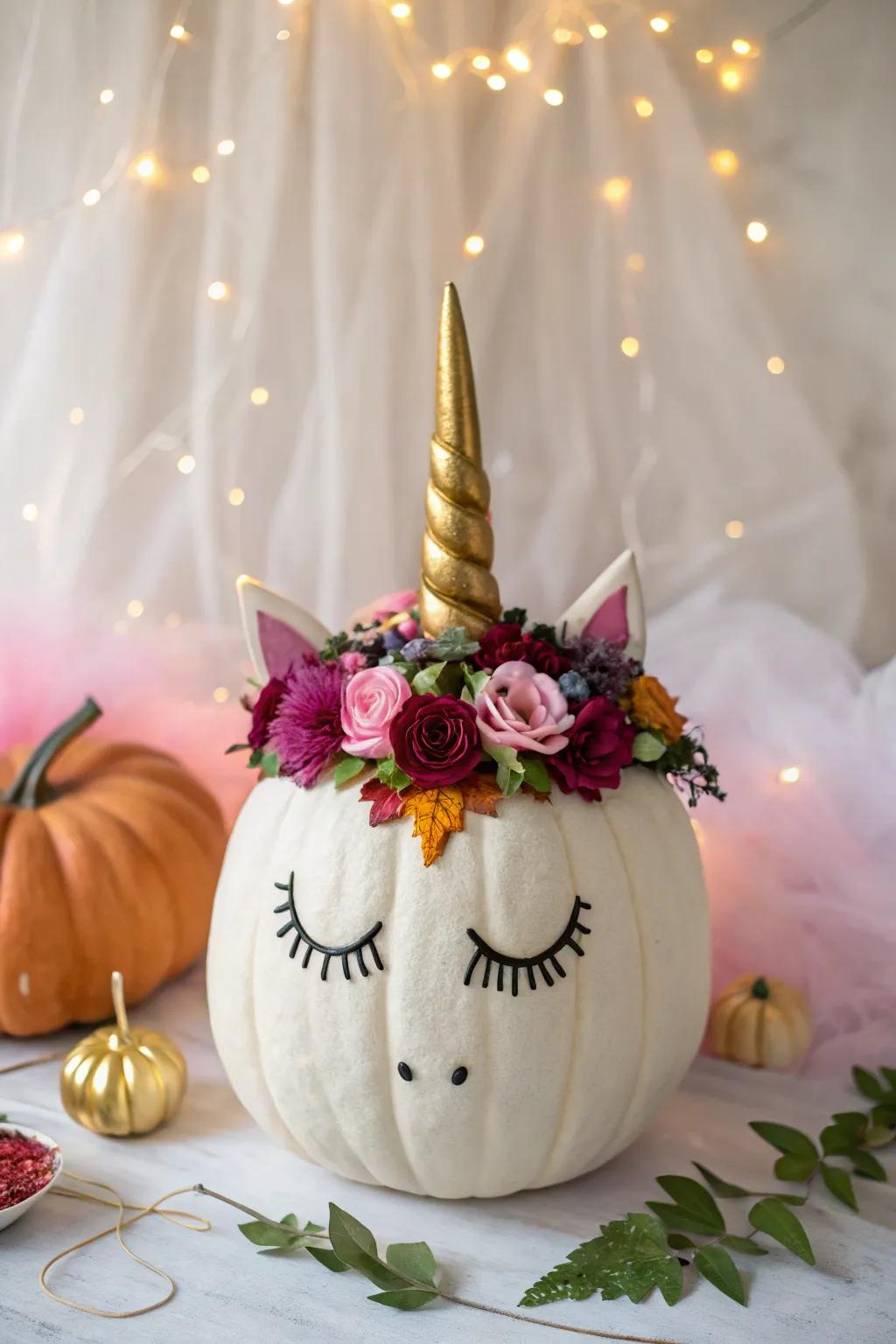 Enchant your guests with a unicorn pumpkin full of fantasy.