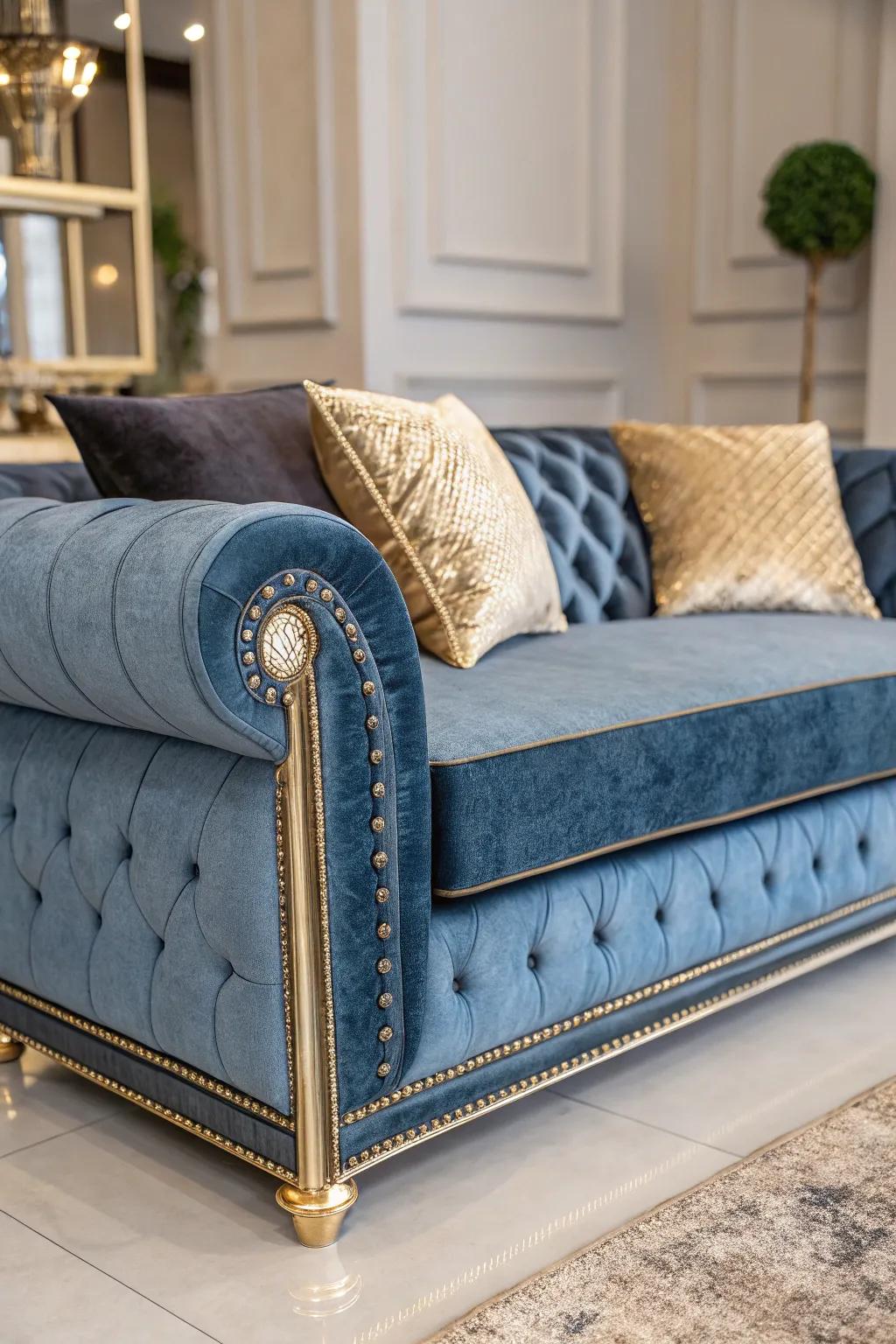 Glamorous accents add elegance to a denim blue sofa.