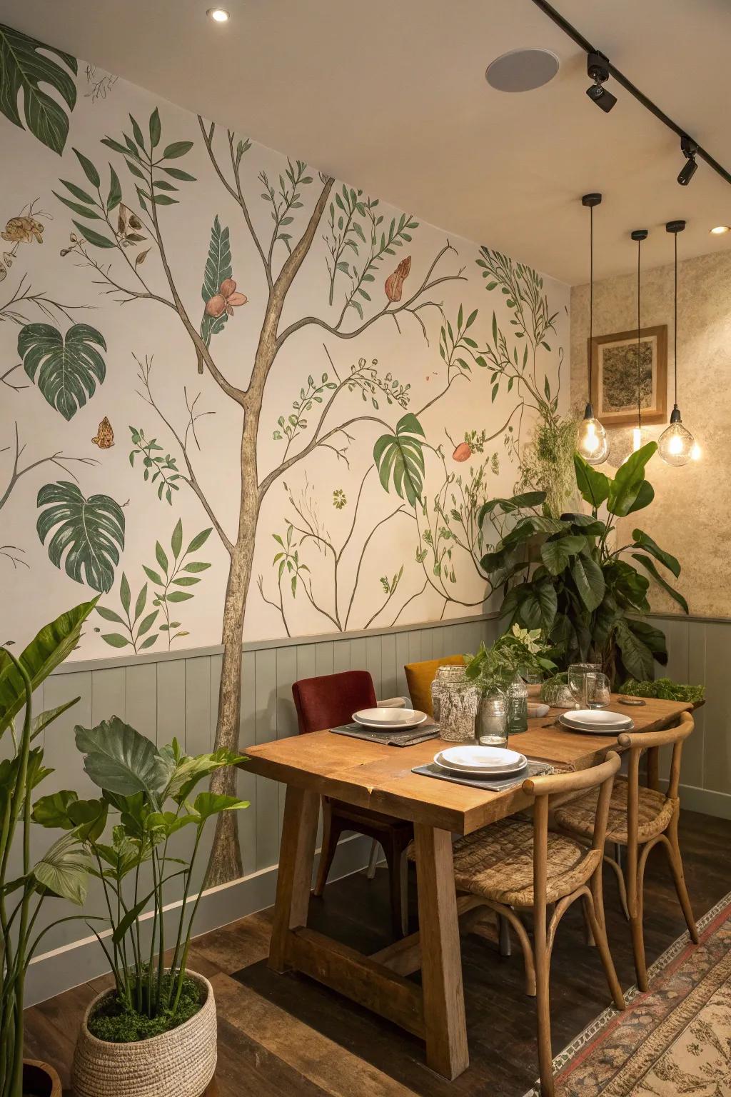 Nature-inspired wallpaper and decor create a serene dining atmosphere.