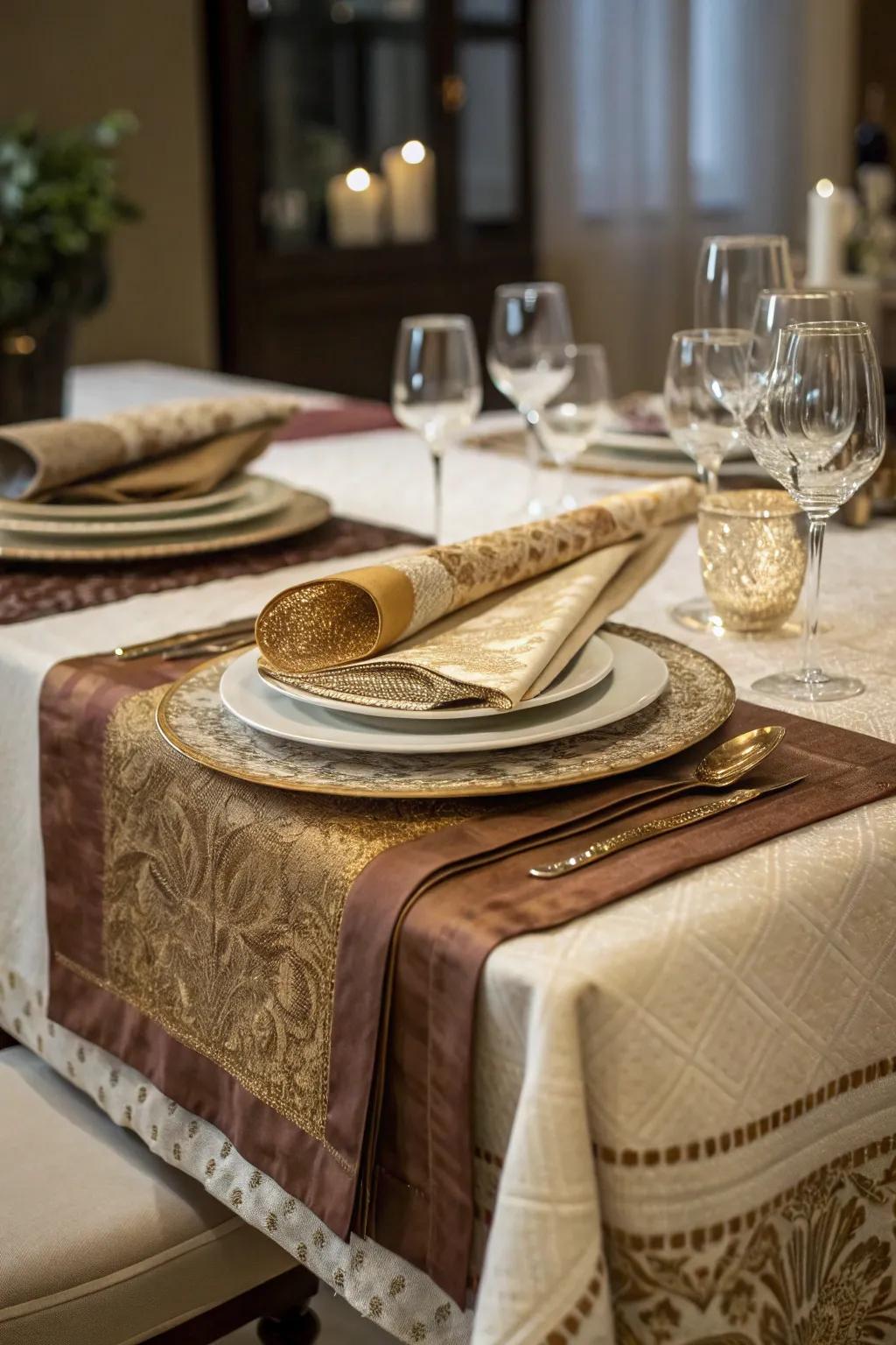 A dining table with layered table linens.