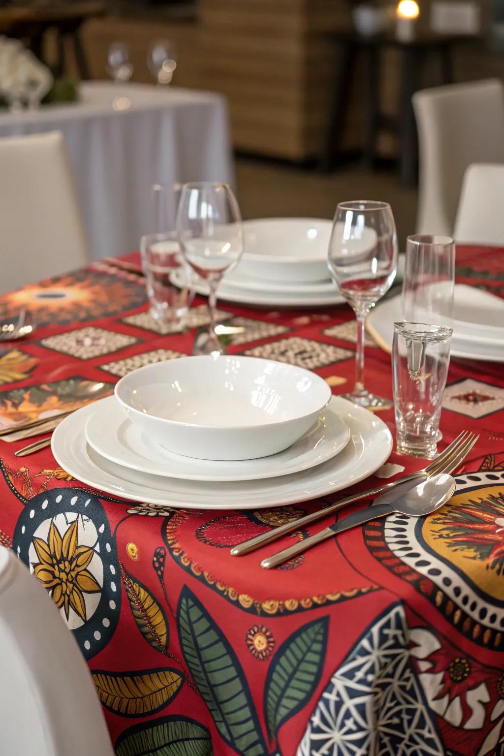 A bold patterned tablecloth can be the focal point of the table.