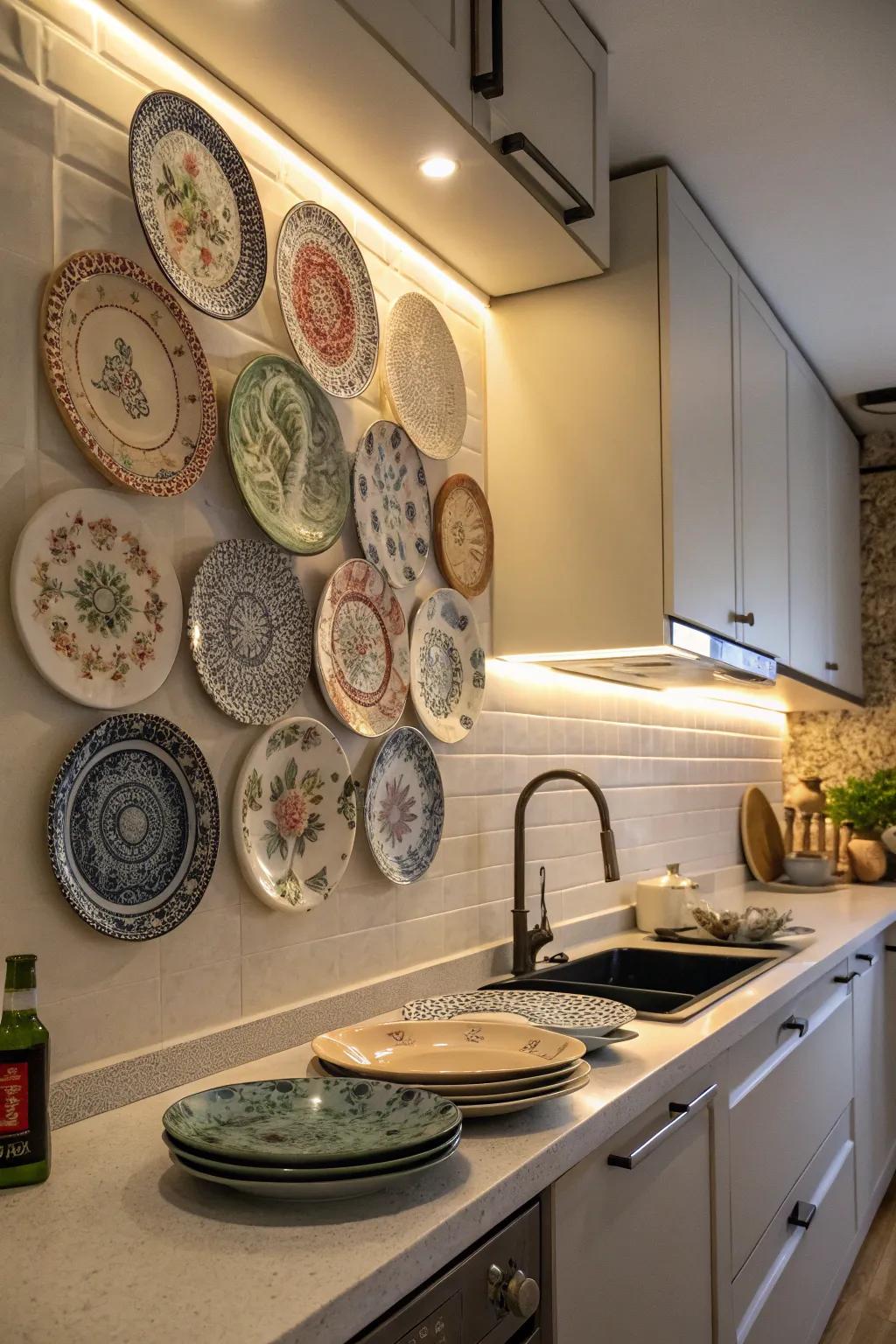 Decorative plates offer a nostalgic and colorful kitchen accent.