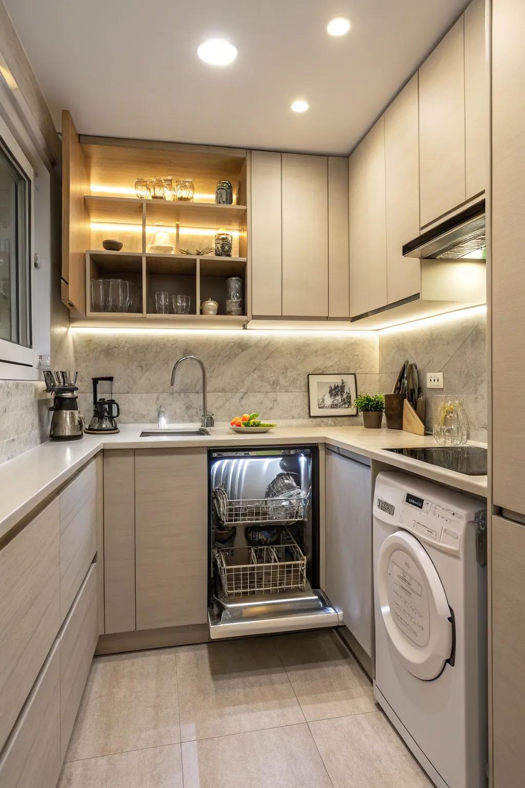 Dishwasher seamlessly hidden behind matching kitchen cabinetry.