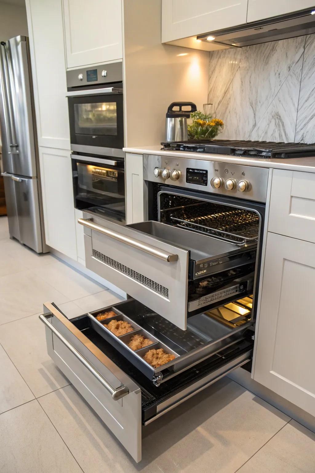 A modern kitchen featuring a double oven with cleverly integrated storage options.