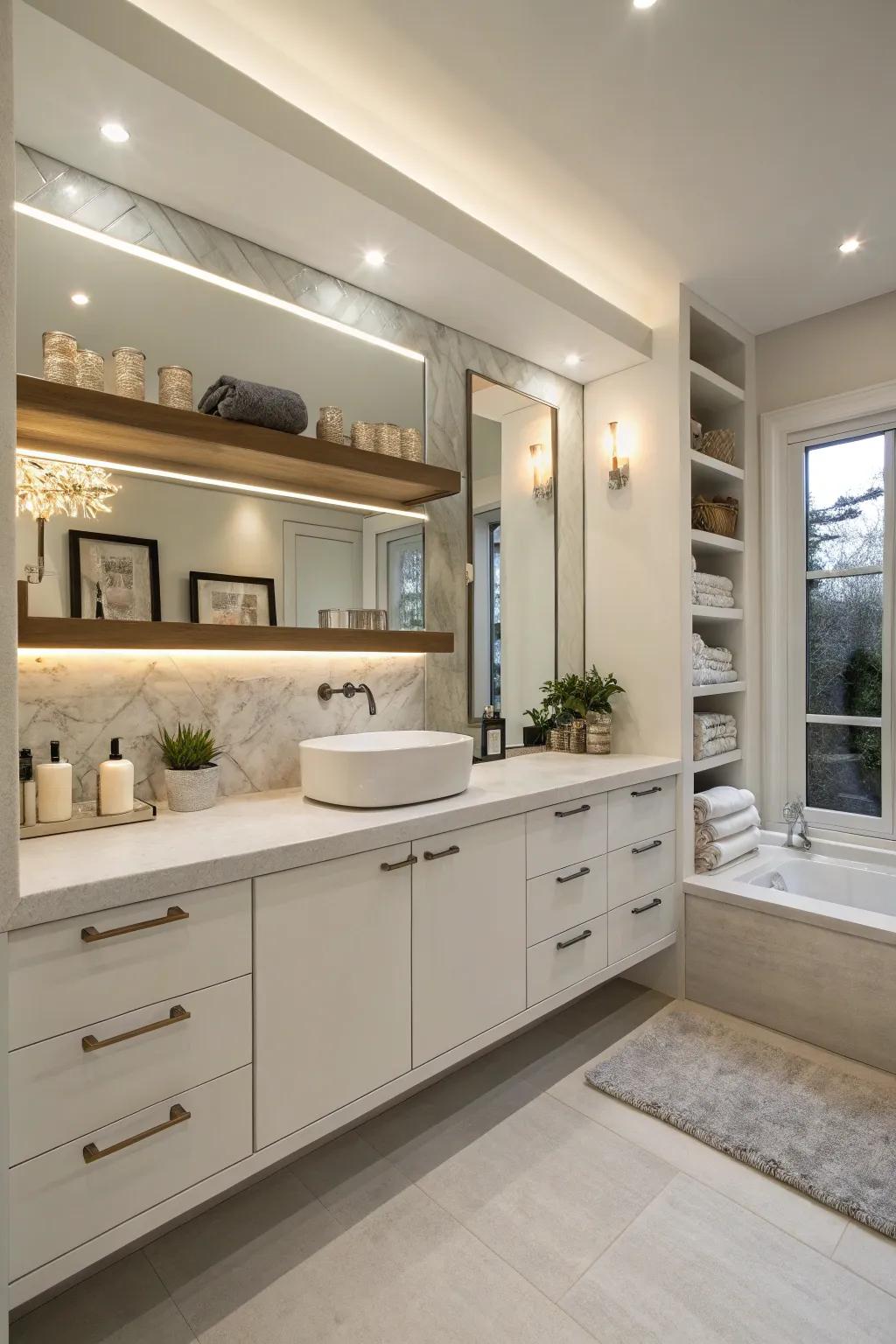 Elegant storage solutions keep your bathroom organized and stylish.