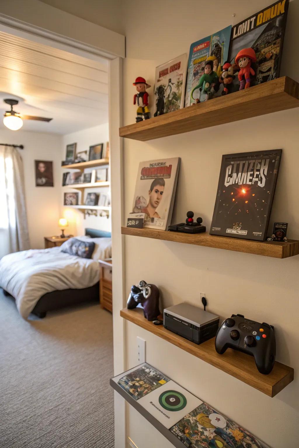 Floating shelves enhance space and showcase collectibles.