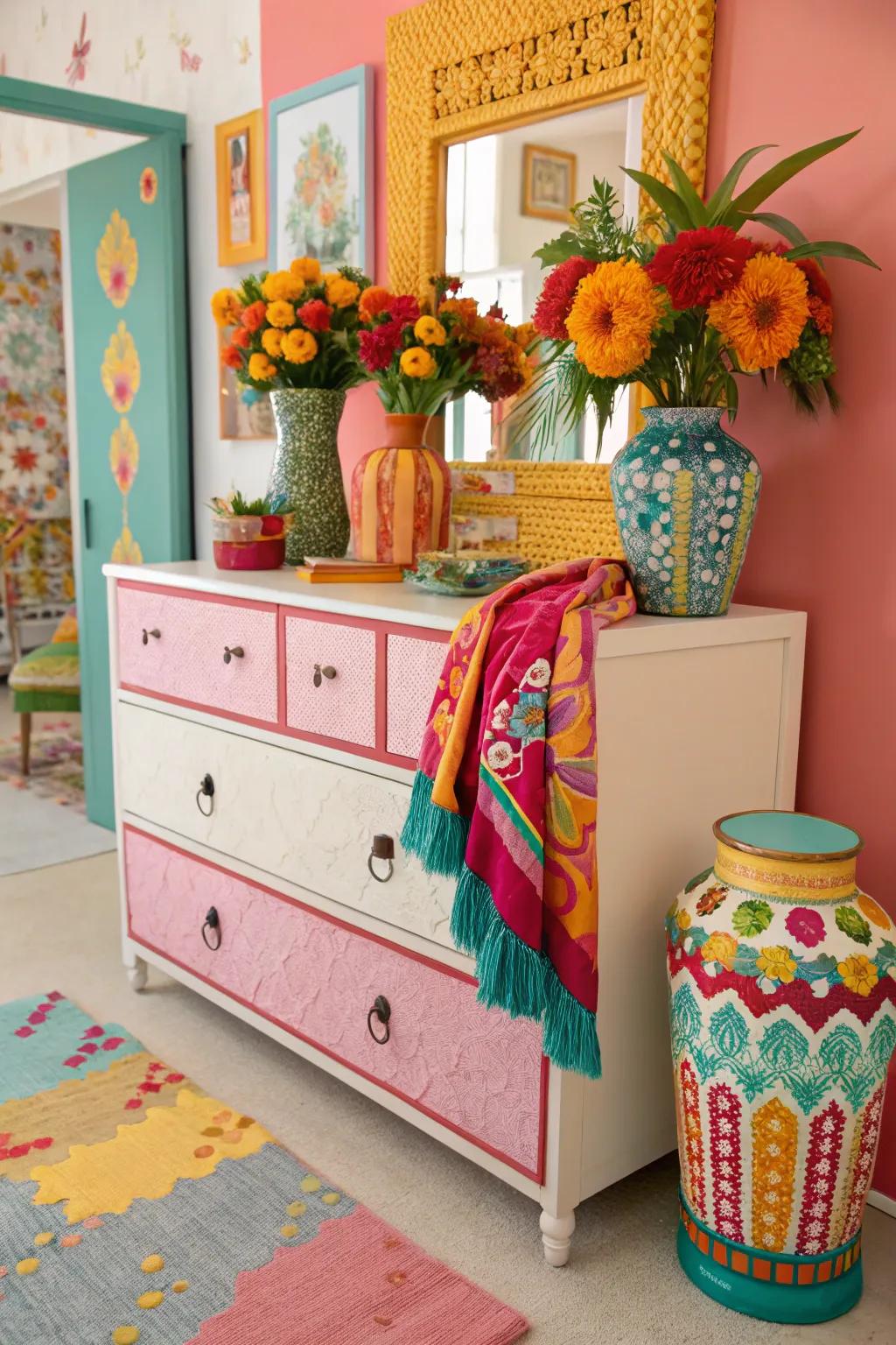 Bold colors make a lively statement on the dresser.