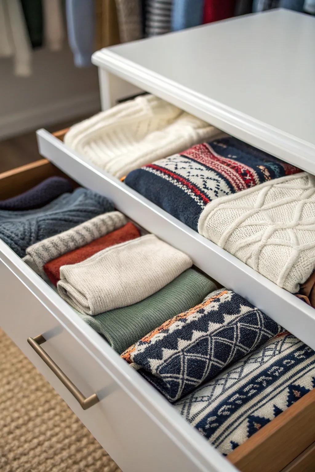 Vertical storage maximizes deep drawer space.