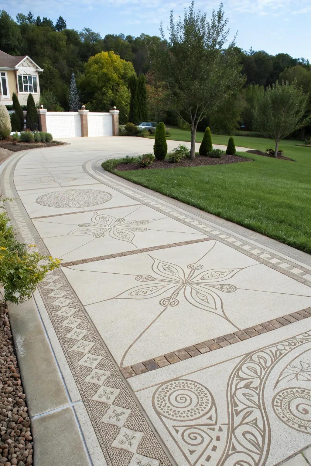 Sophisticated artistic patterns in driveway hardscaping.