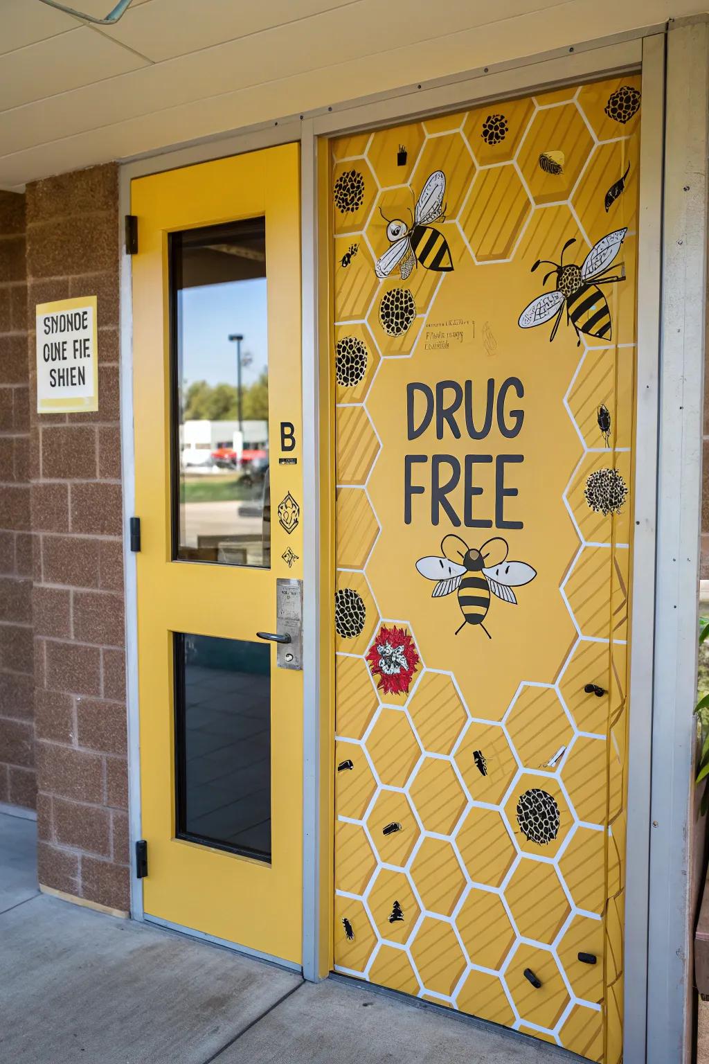 A bee-themed door decoration with a drug-free message.