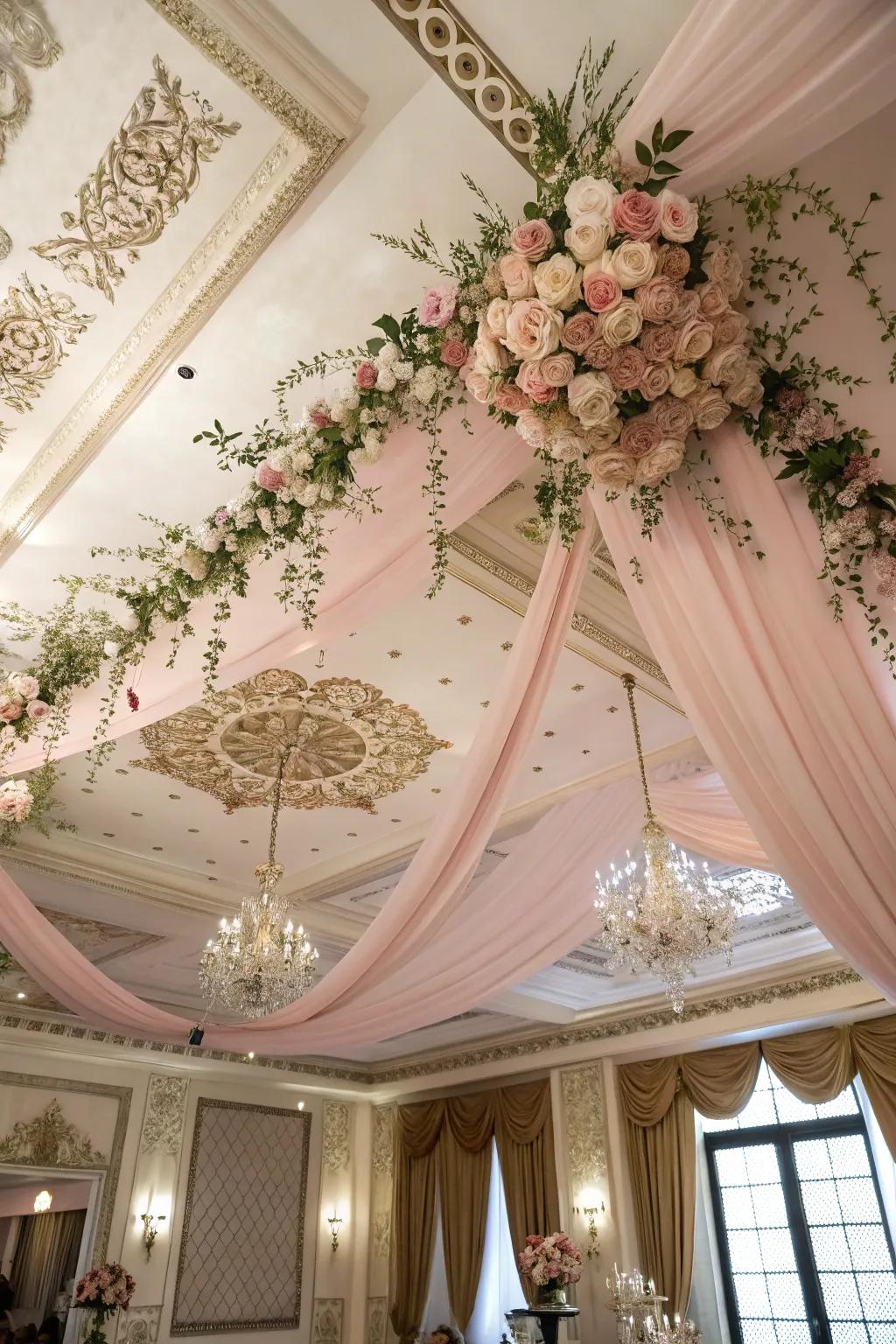 Breathtaking dusty rose ceiling decor.