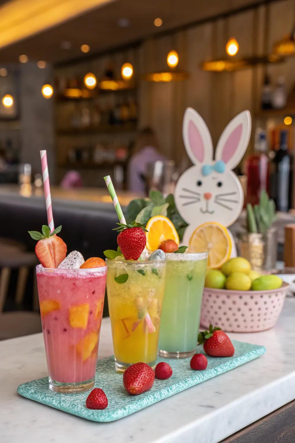 A sophisticated cocktail corner with playful Easter-themed drinks.