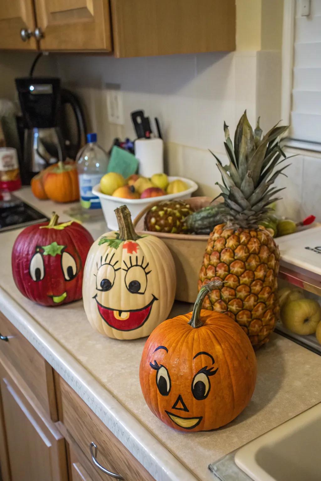 Funky fruit faces bring a playful and unexpected twist to Halloween pumpkin decor.