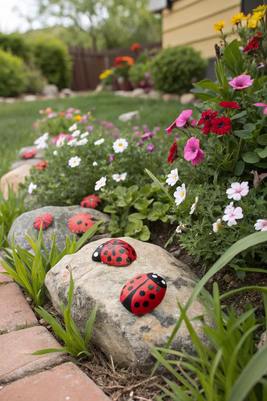 Painted rock ladybugs bring charm to gardens.