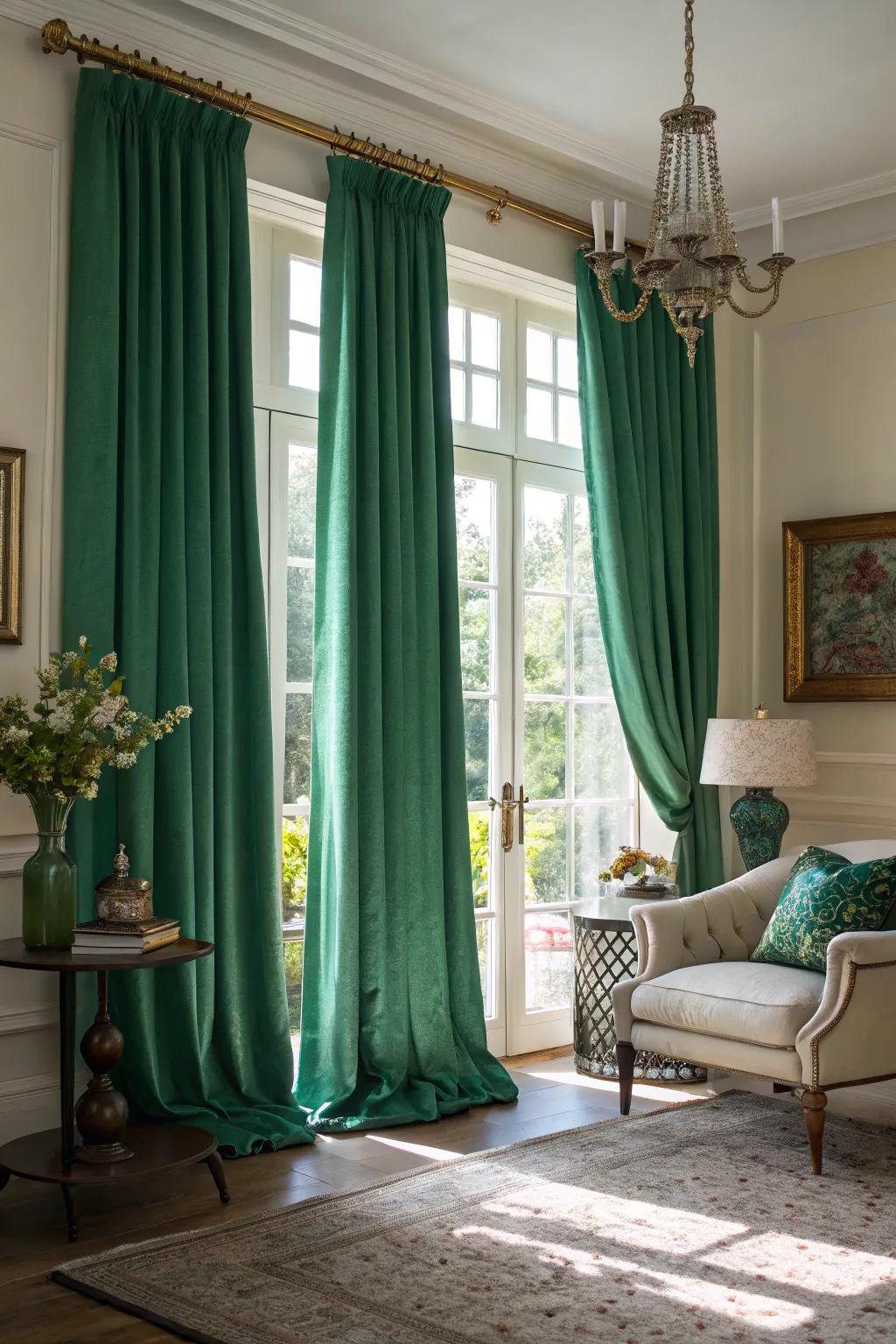 Emerald green curtains frame the living space beautifully.