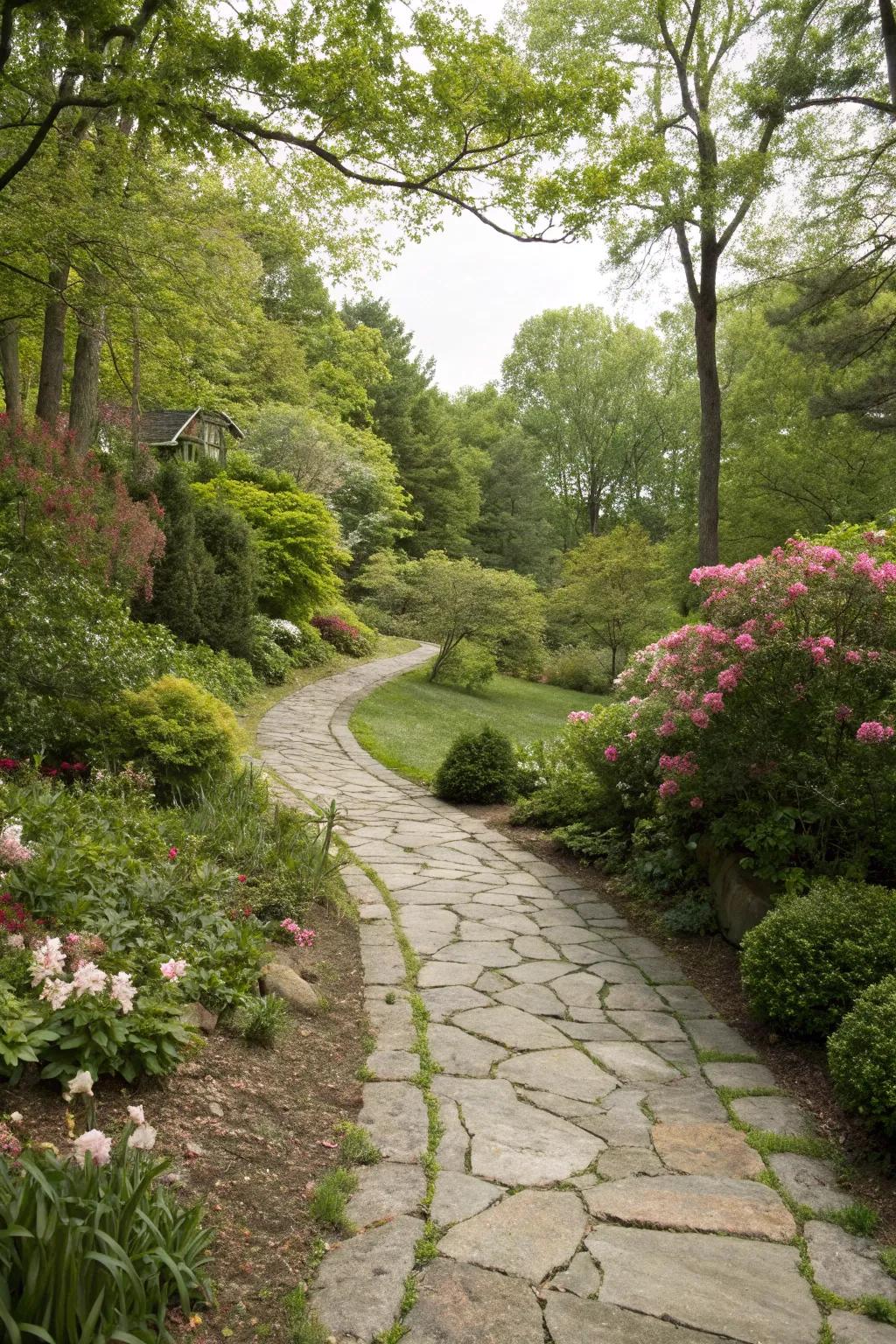 Natural stone paths offer timeless appeal and guidance.