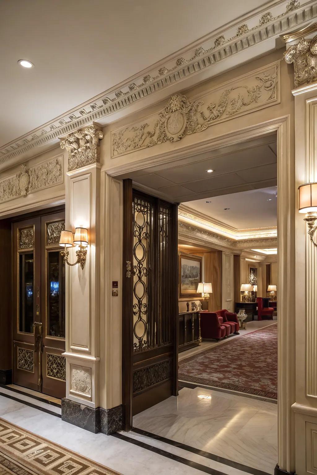 Ornate moldings bring luxury and depth to the entryway.