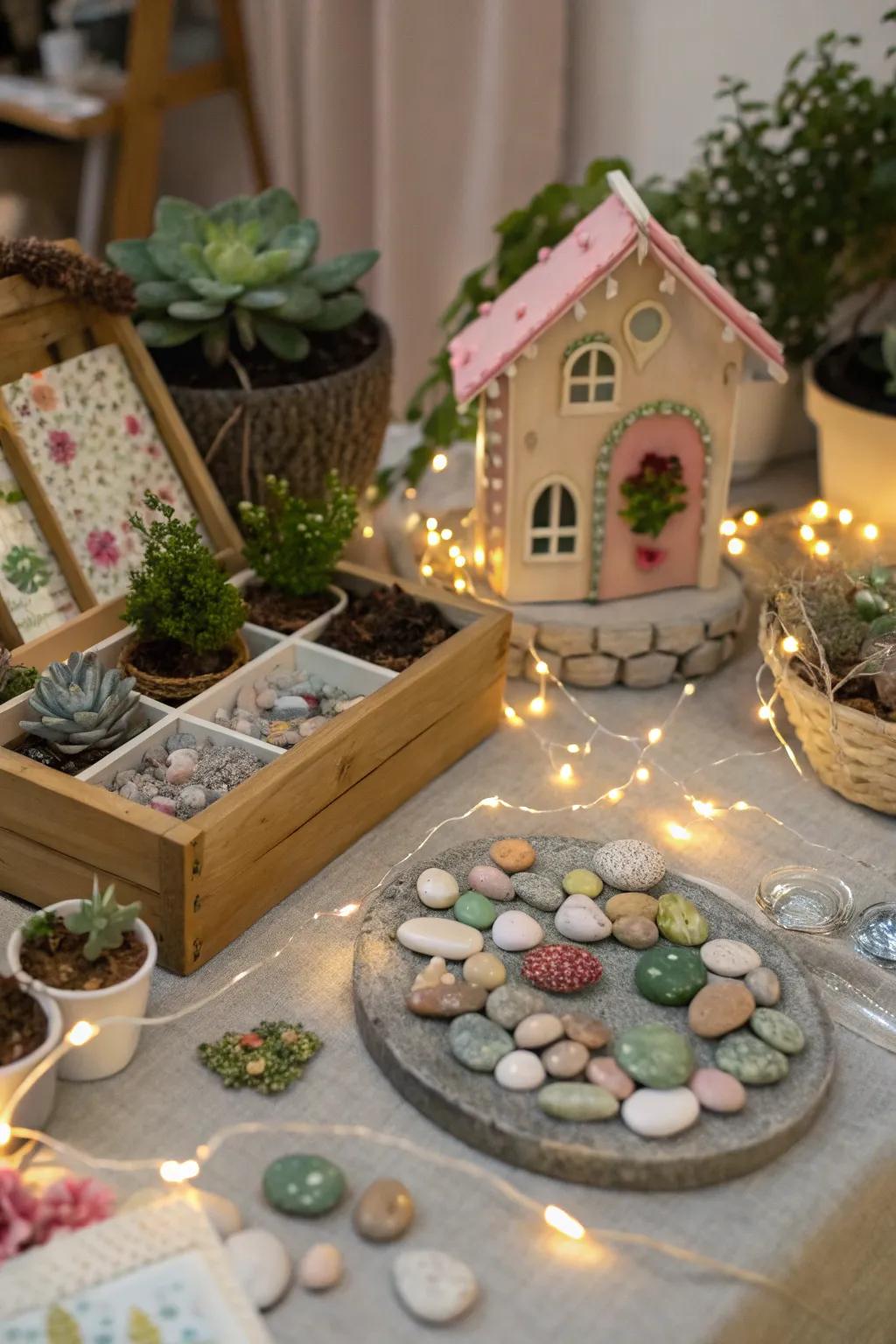 Guests can craft their own whimsical fairy houses.