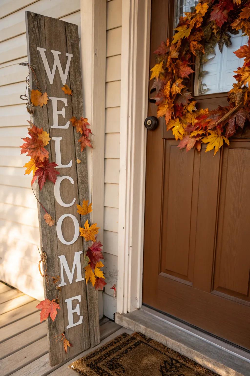 Add a burst of color with a leafy garland on your fall sign.