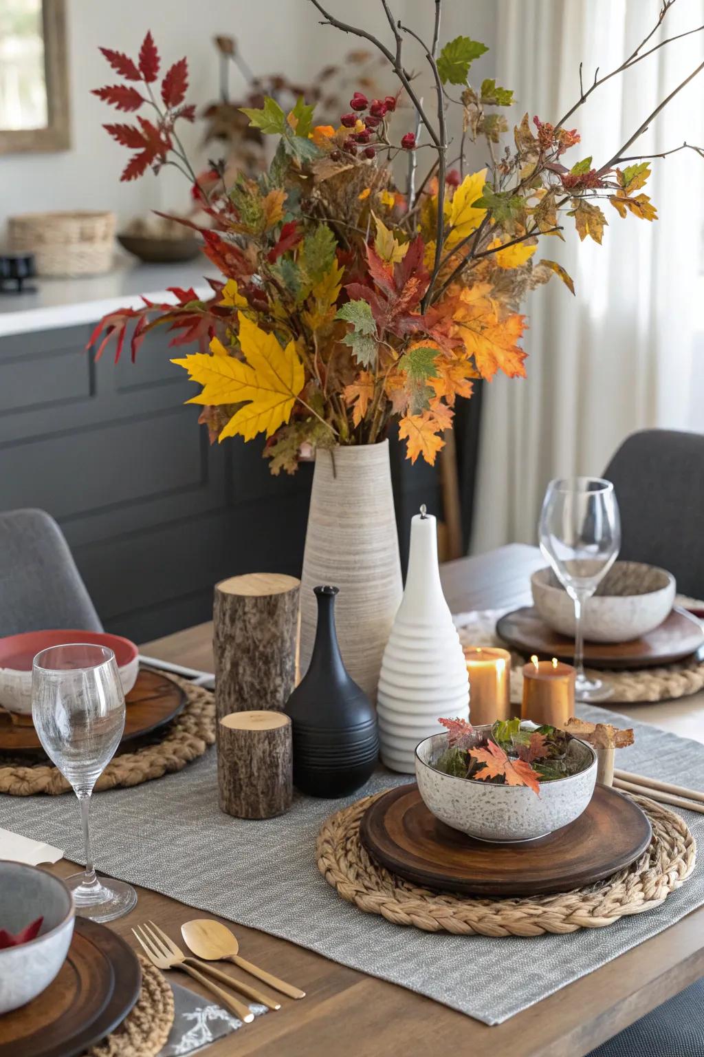 An eclectic mix of elements creates a unique fall centerpiece.