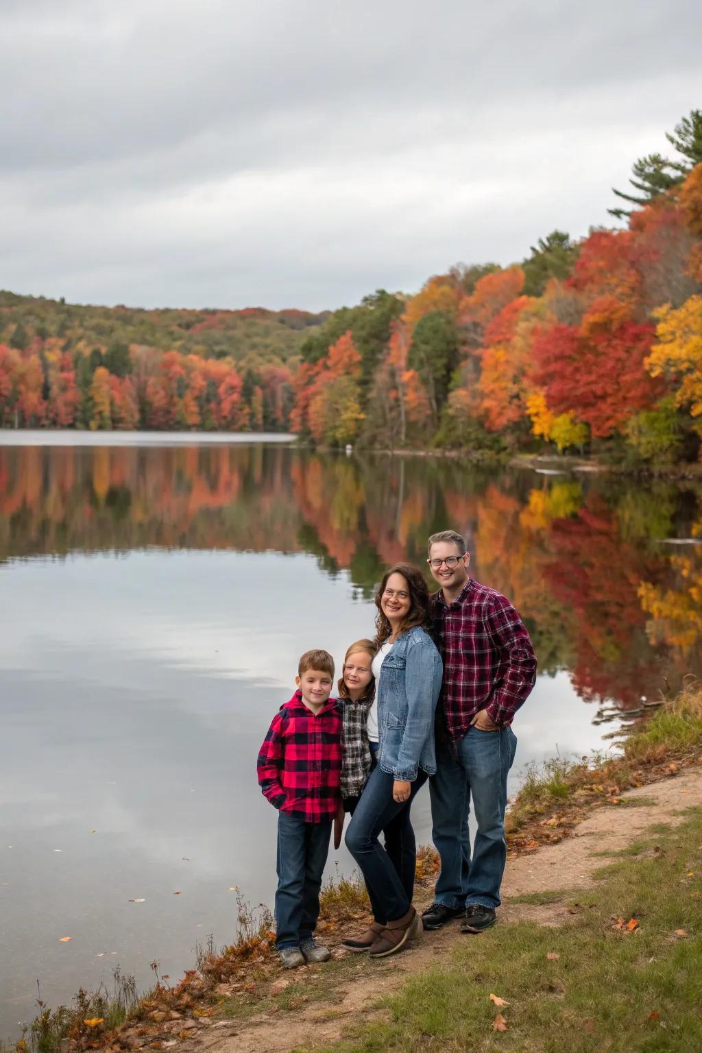 A lakeside view offers tranquility and stunning reflections for family photos.