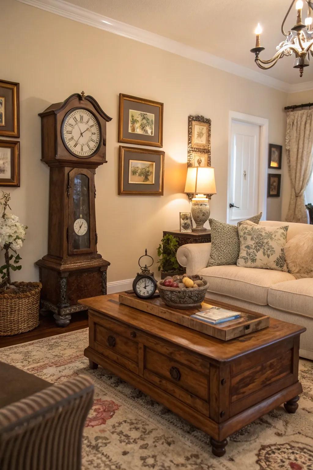 A family room enriched with character through vintage finds.