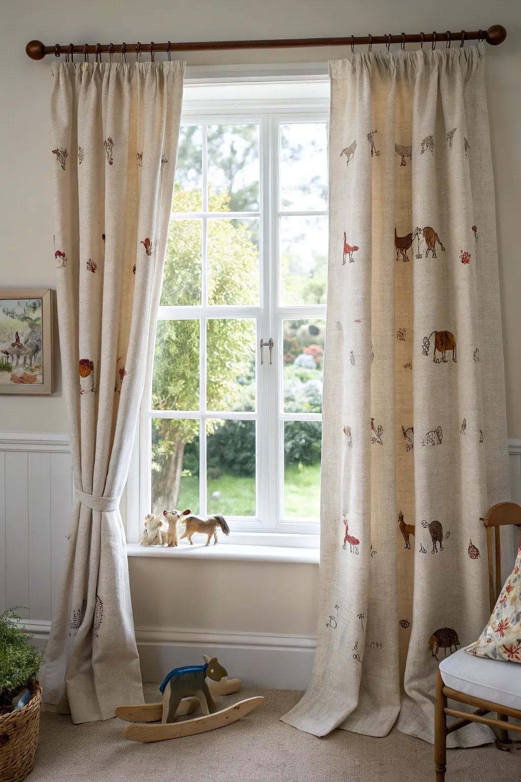 Natural curtains enhance the cozy, farm-like ambiance.