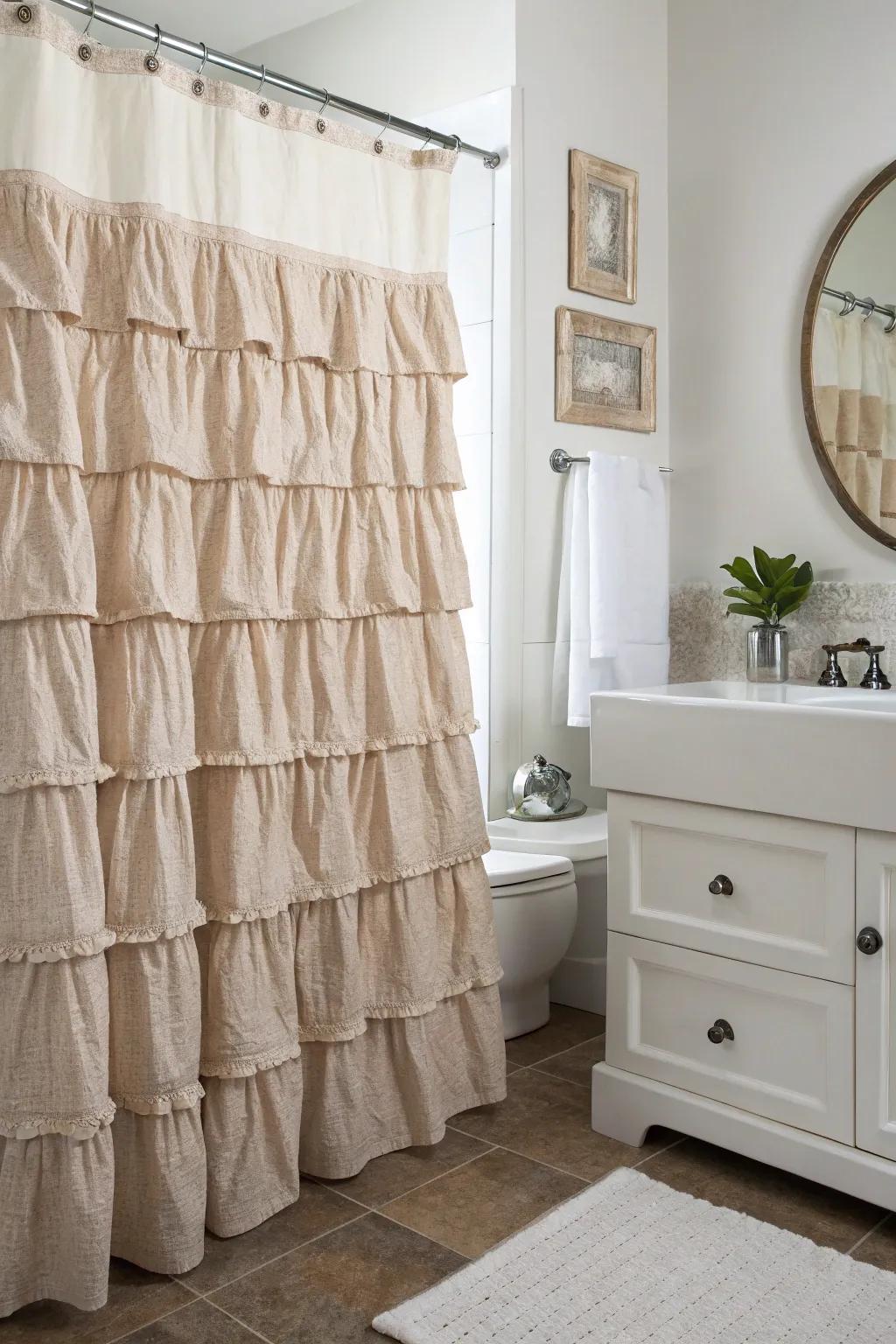 A bathroom with a shower curtain featuring charming rustic ruffles.