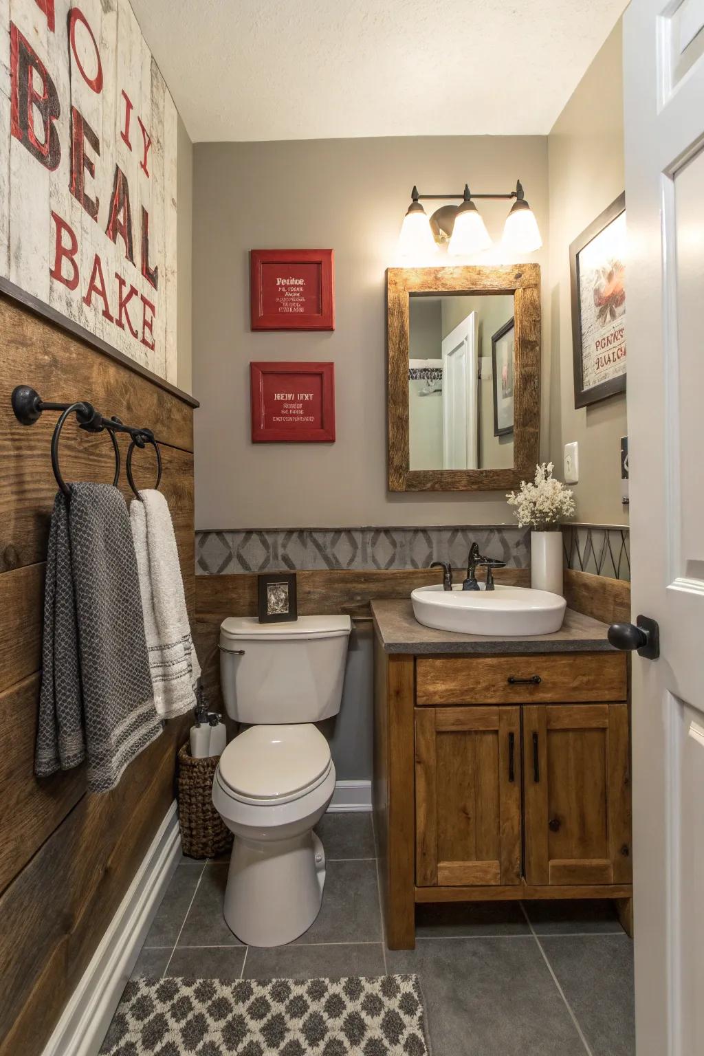 A statement wall adds a dramatic focal point to this farmhouse bathroom.