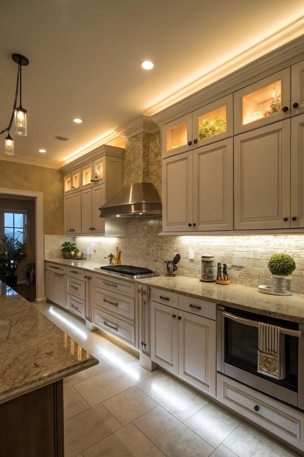 Warm glow with faux molding and under-cabinet lights.