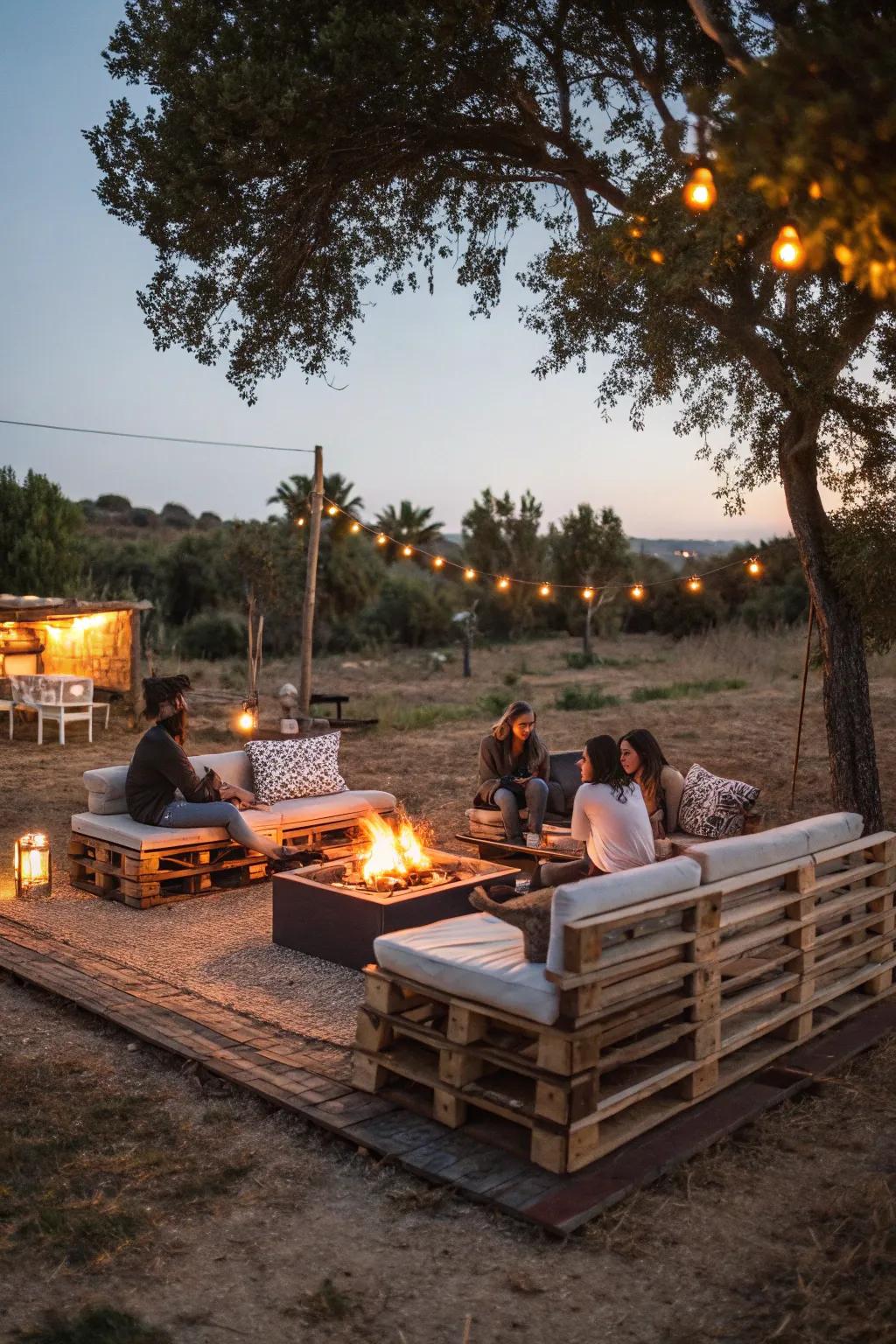 Eco-friendly pallet furniture adds a personal touch to the fire pit space.