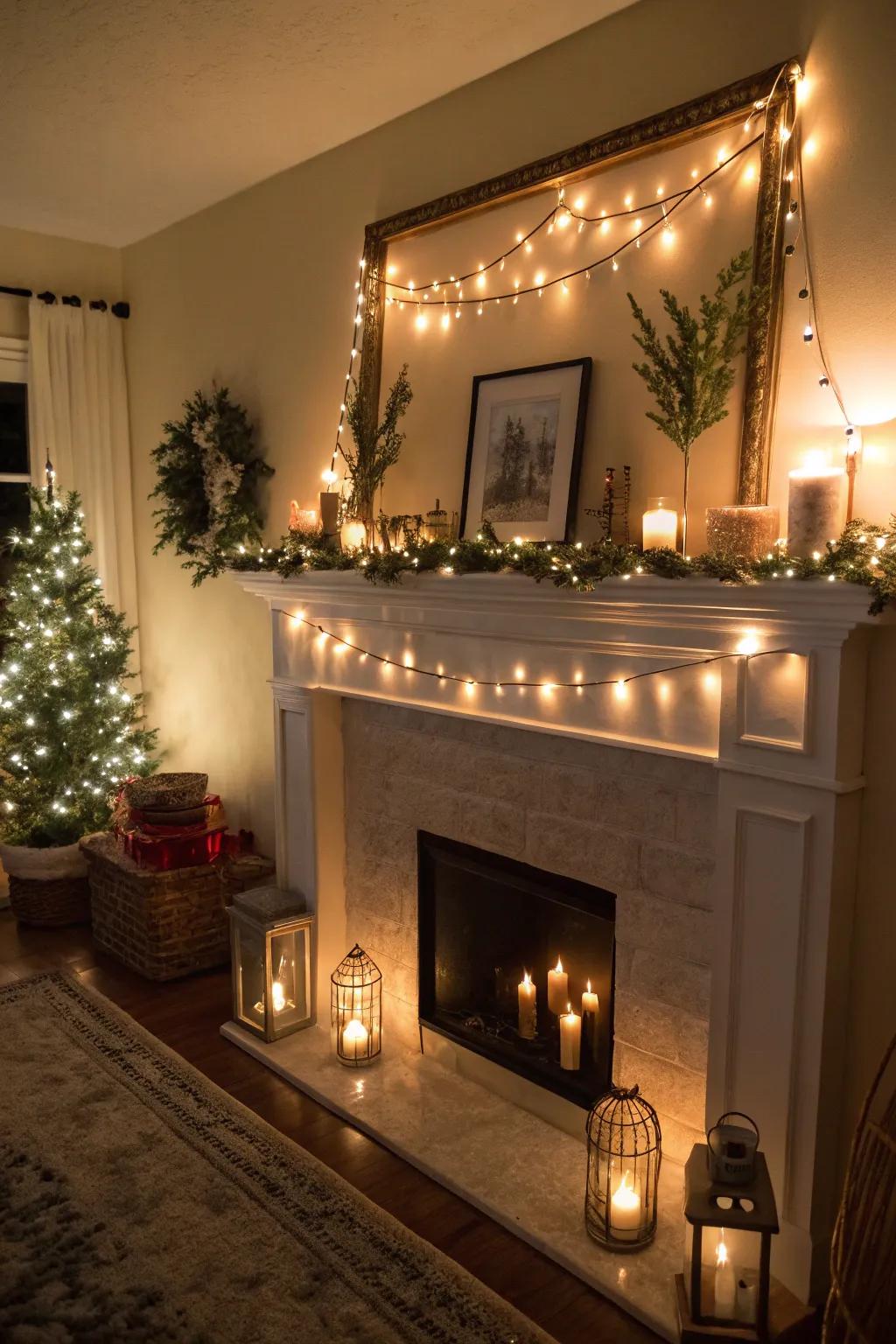 Cozy lighting enhancing the mantel's ambiance.