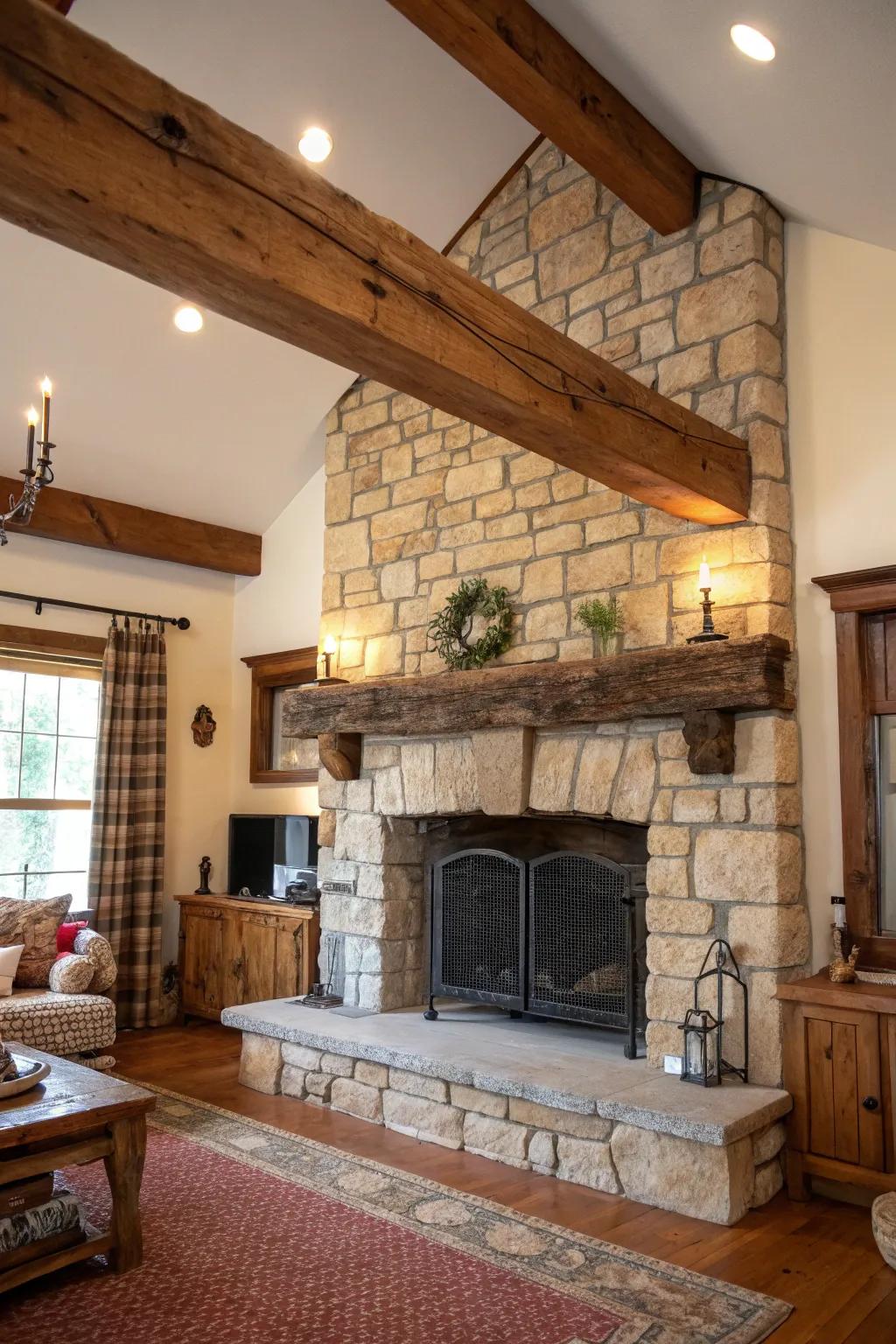 A rustic beam mantel adds warmth and character.