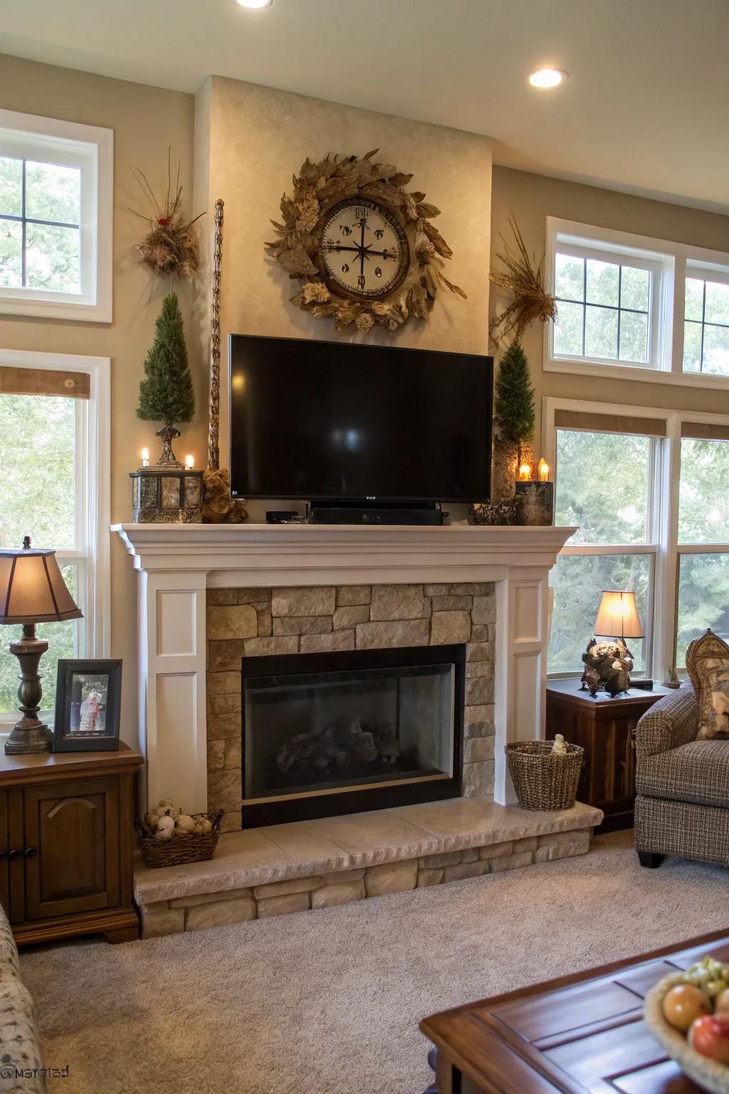 A living room with a layered mantel display above the fireplace.