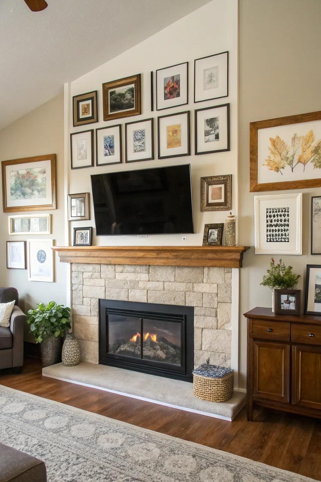 An artful gallery wall surrounding a fireplace and TV in a living room.