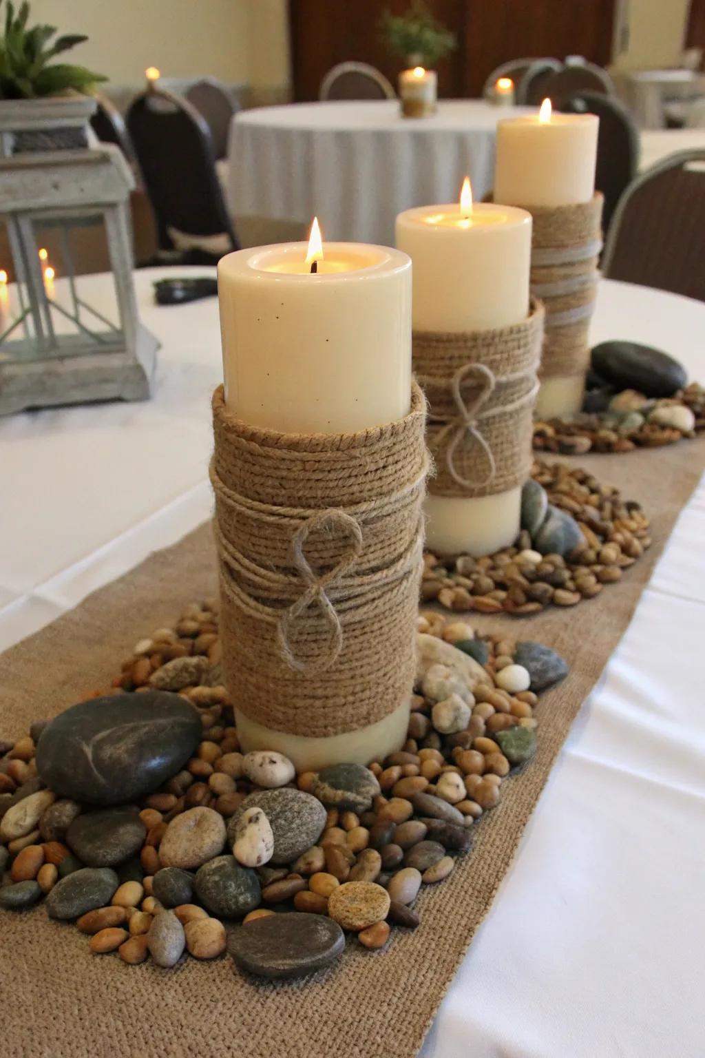 Burlap and rope wraps add earthy elegance.